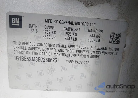 2016 Chevrolet Cruze Lt Auto z USA, uszkodzony, nr VIN 1G1BE5SM3G7250625